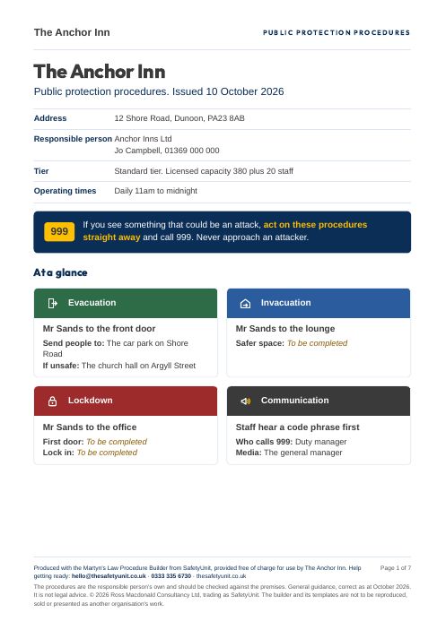 Front page of a set of public protection procedures produced by the builder