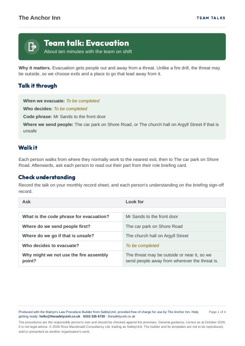 A team talk sheet produced by the builder