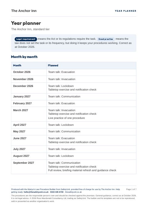 A year planner produced by the builder