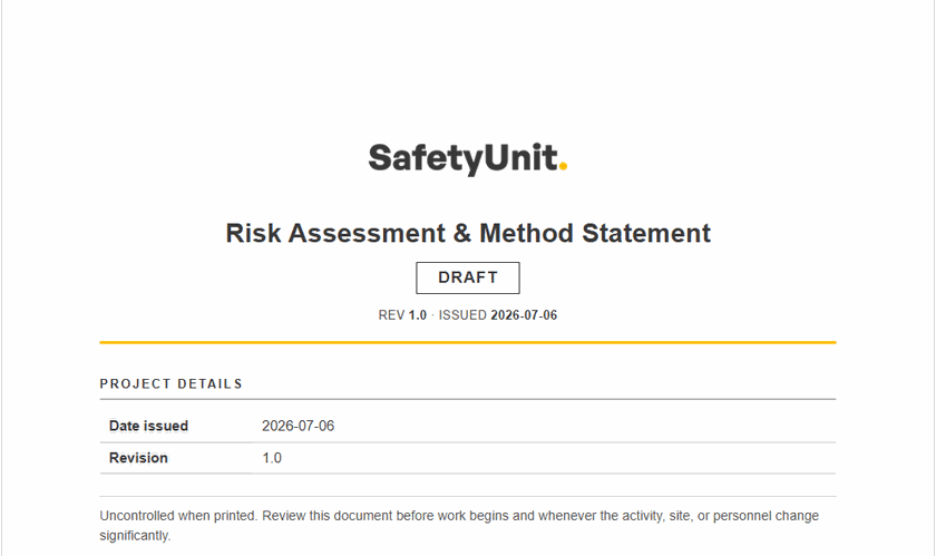 A risk assessment and method statement produced by the SafetyUnit RAMS Generator
